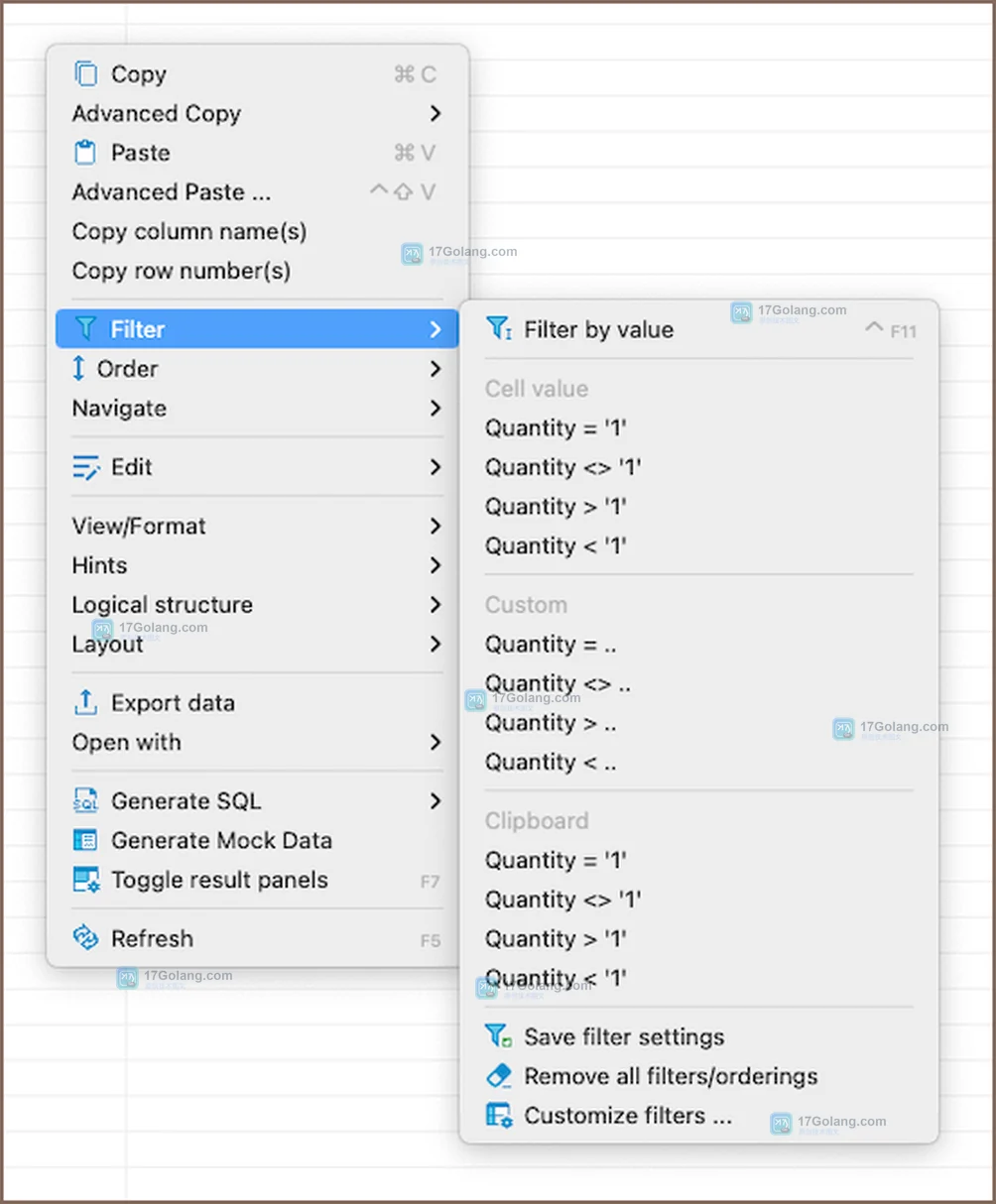 DBeaver Data Editor 过滤菜单中保存和复用条件的真实界面