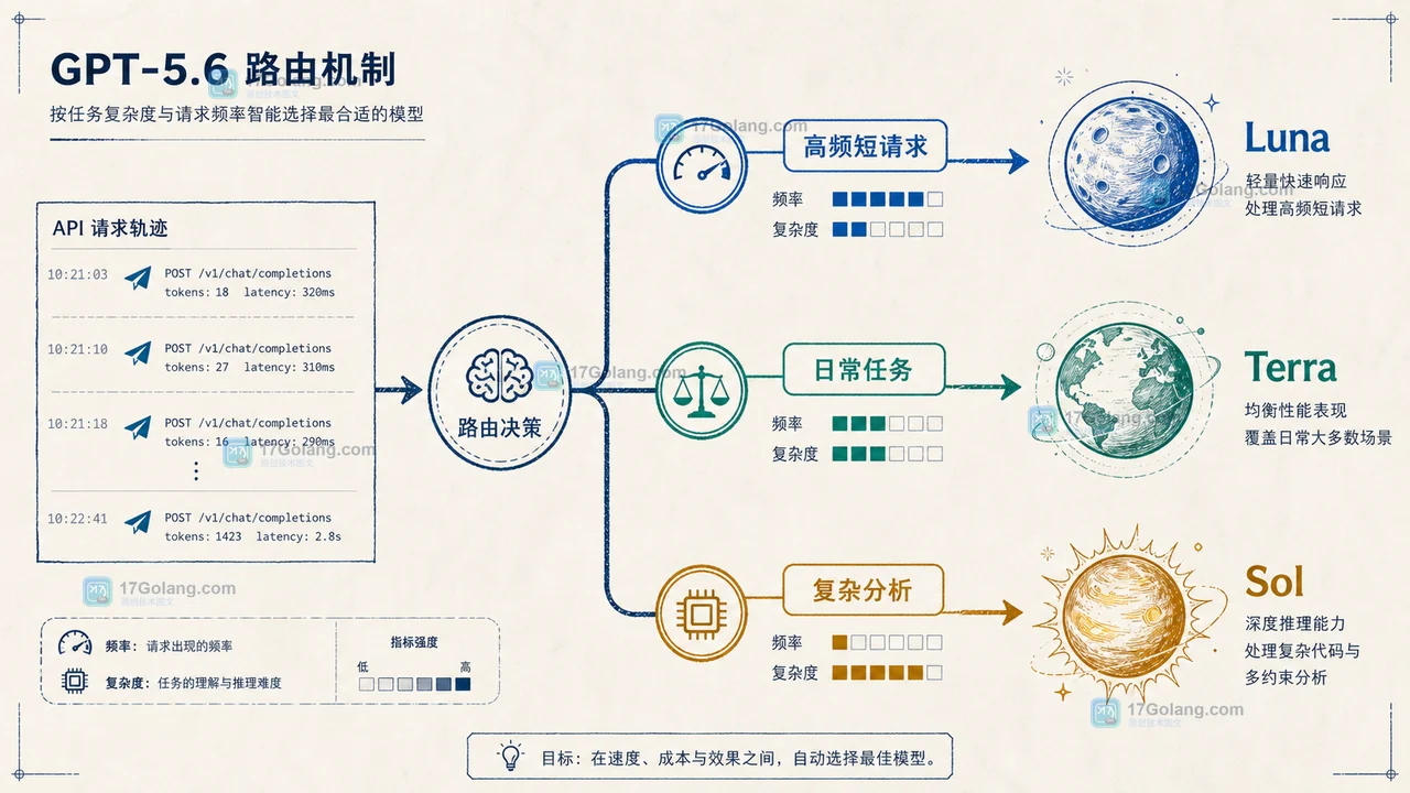 GPT-5.6 Sol Terra Luna 按任务复杂度与调用频率进行模型路由的二维示意图