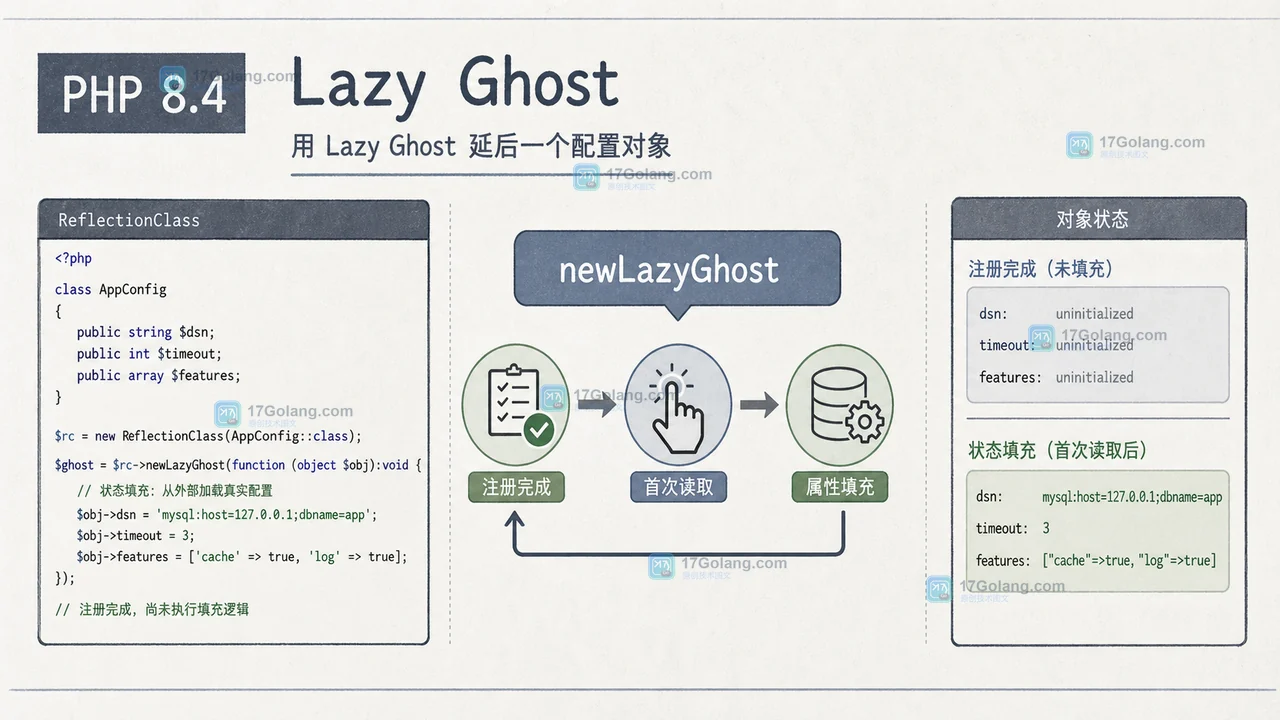 PHP 8.4 Lazy Ghost 初始化链路：ReflectionClass 创建延迟对象，首次读取后填充属性并继续调用
