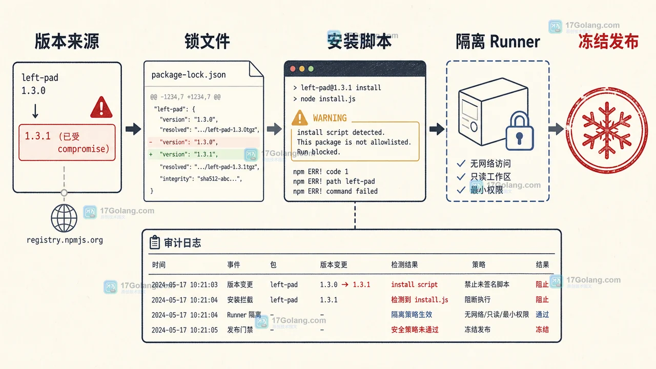 Axios 依赖发布门禁证据链，展示锁文件、安装脚本、CI runner 与处置动作