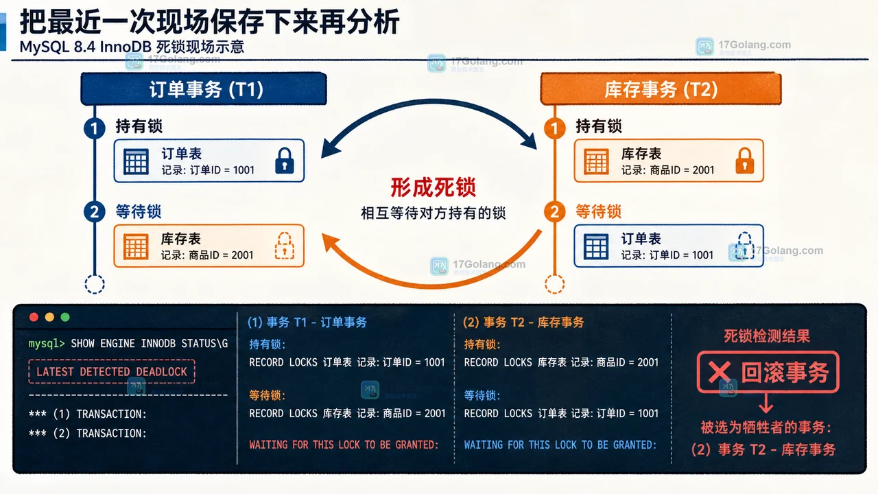 MySQL 8.4 InnoDB 死锁现场中订单事务与库存事务互相持锁等待的锁环路证据图