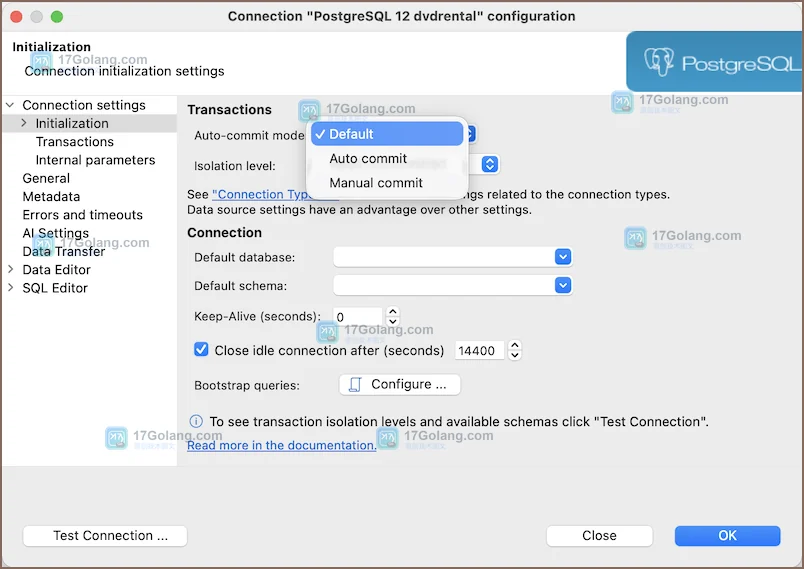 DBeaver 官方连接配置 Initialization 页面选择 Manual commit 的界面
