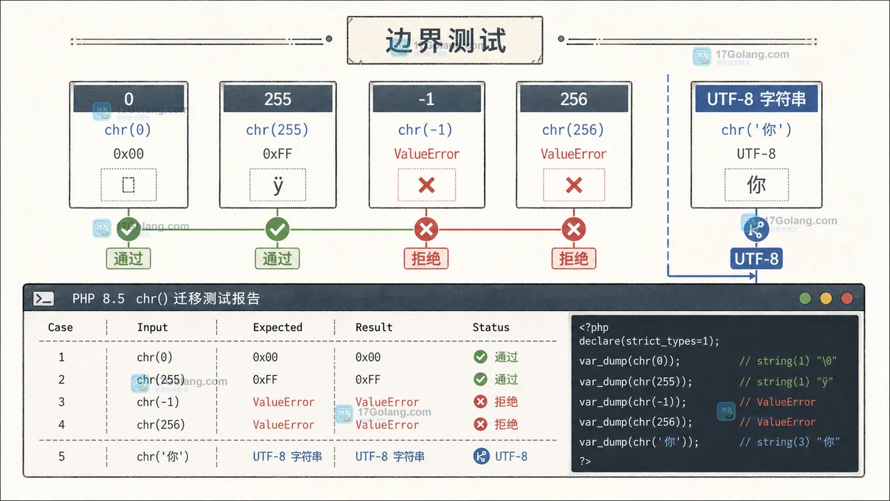 PHP 8.5 chr 字节范围回归测试覆盖 0 255 越界值和 UTF-8 文本边界的检查路径