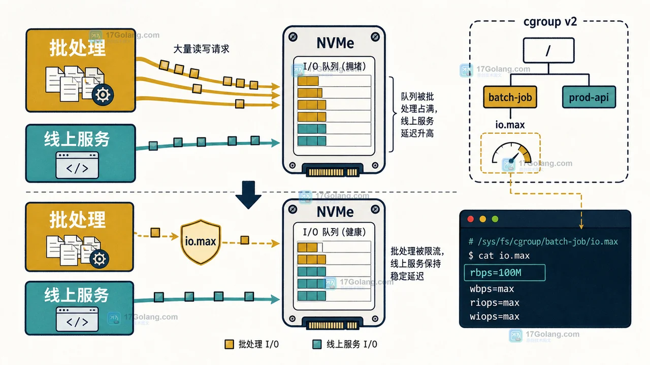 Linux cgroup v2 io.max 设备级限流：批处理读写经过设备边界后让出 NVMe 队列