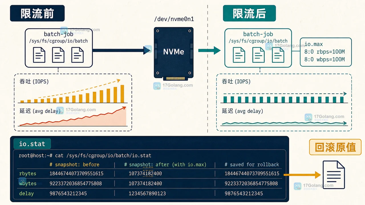 io.stat 限流验收：对比 rbytes、wbytes 与 I/O 延迟，确认批处理降速且线上服务恢复