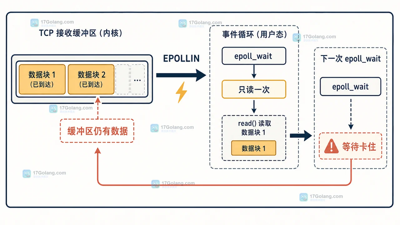 EPOLLET 只读取一次后缓冲区仍有数据，事件循环等待链被卡住的工程示意图