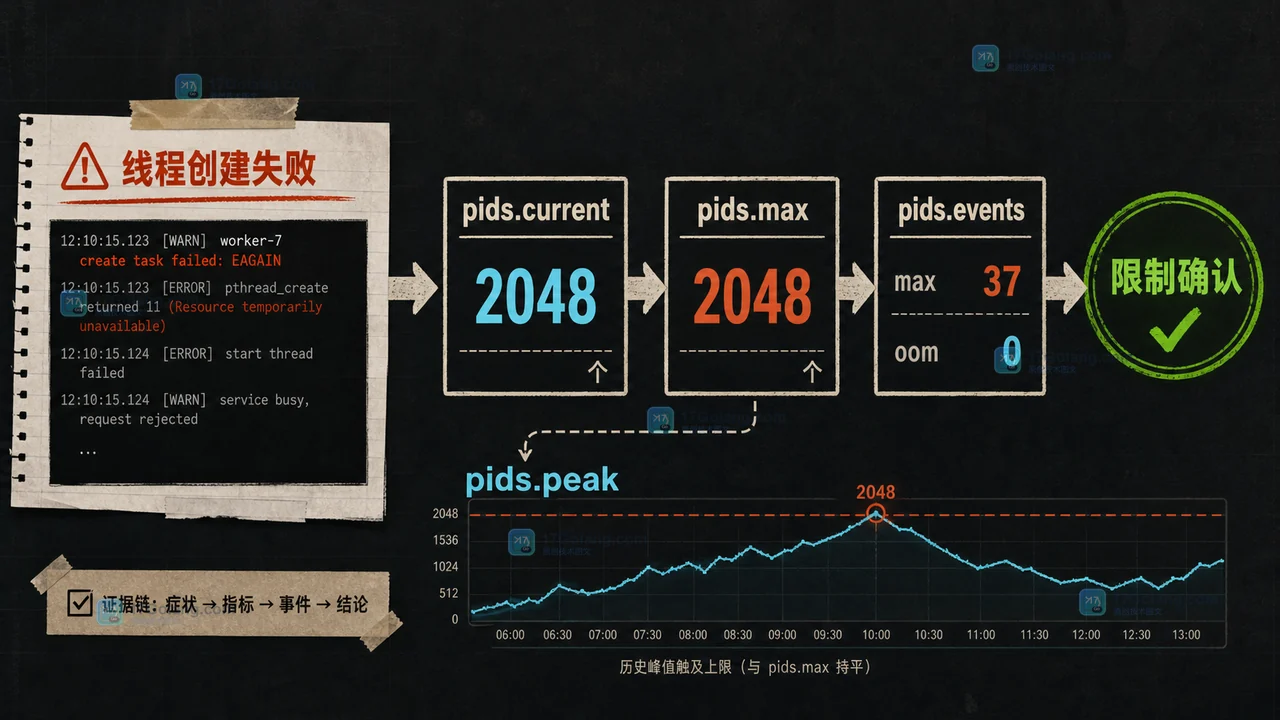 Linux cgroup v2 pids.max 到底限制了谁：pids.current、pids.events 与 TasksMax 联动排查