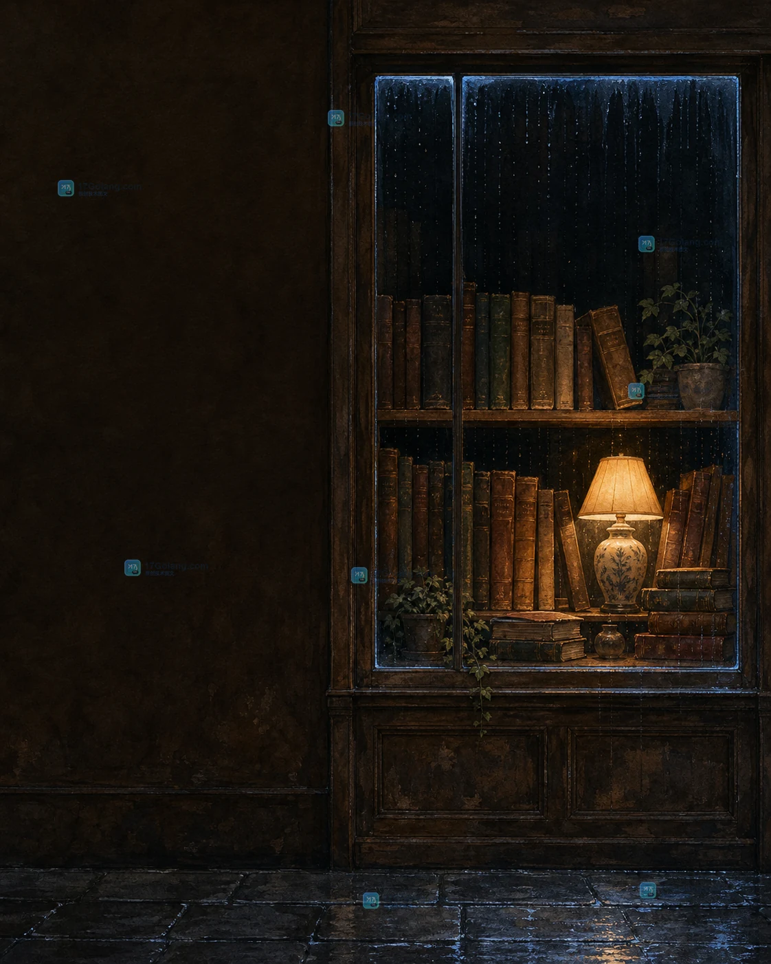 雨后旧书店橱窗插画暖光留白变体，琥珀灯光集中在书架并保留上方标题空间