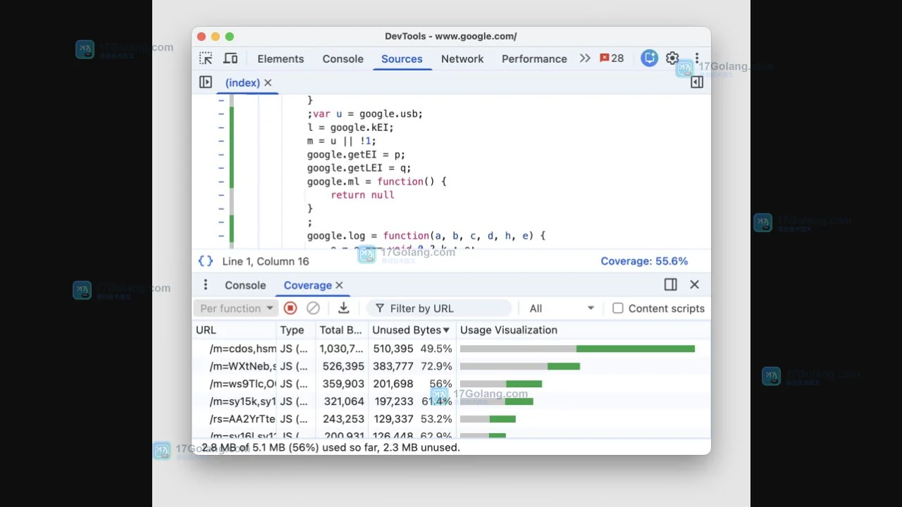 Chrome DevTools Coverage 结果表中的 Total Bytes、Unused Bytes 与绿色灰色使用条官方界面截图