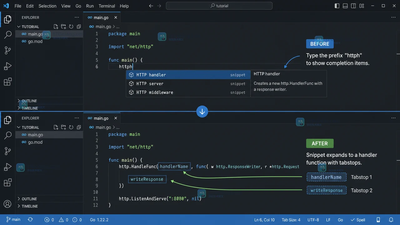 VS Code Go 文件中展开用户代码片段并用 Tab 在占位符间移动