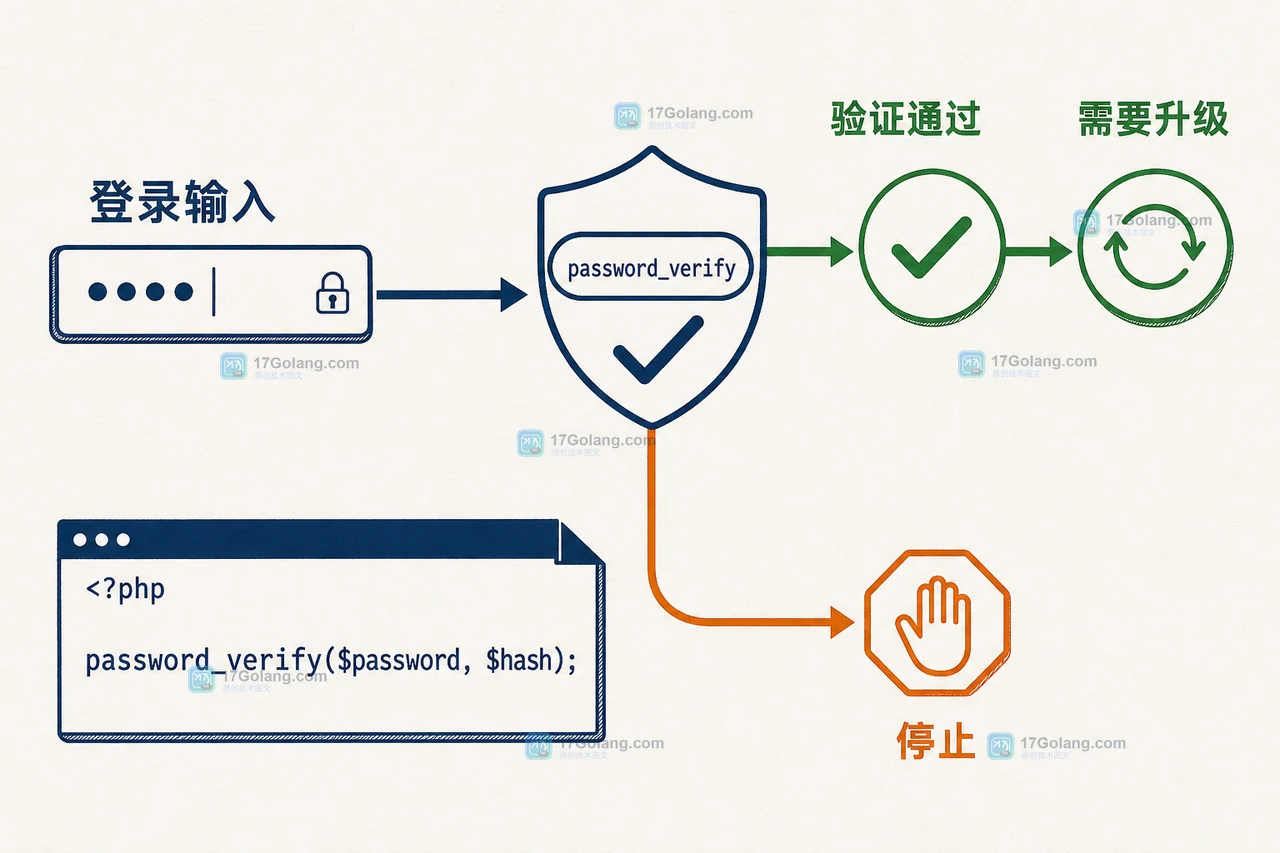 PHP 登录成功后 password_verify 与 password_needs_rehash 的先后等待链：验证通过才进入哈希升级