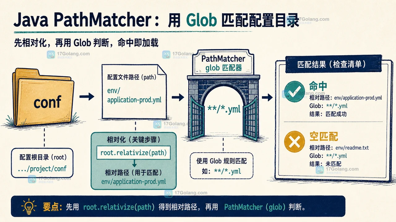 Java PathMatcher 将配置目录 Path 相对化后再进入 glob 匹配的决策路径示意图