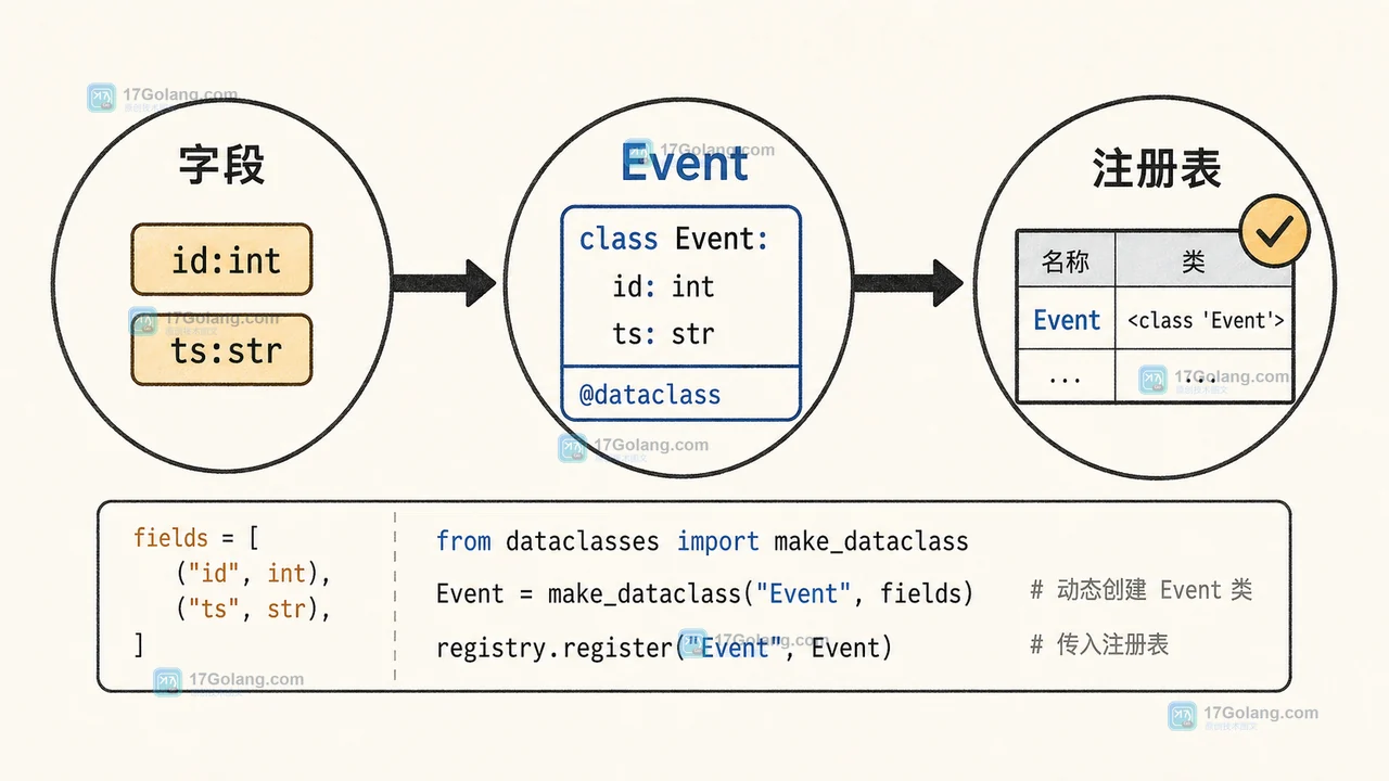 Python dataclasses.make_dataclass 根据动态字段创建数据类并登记到 schema 注册表的二维技术插画