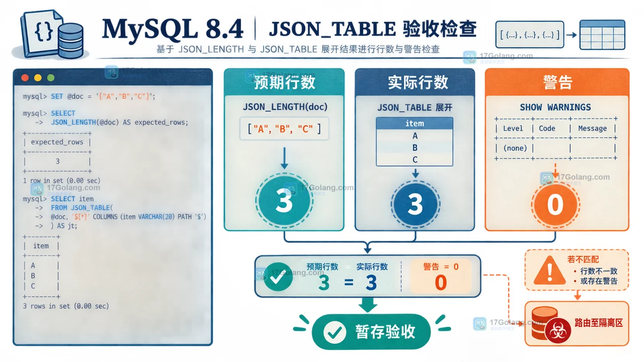 JSON_TABLE 展开后的资源与数据验收面板，展示预期行数、实际行数、警告和处理动作