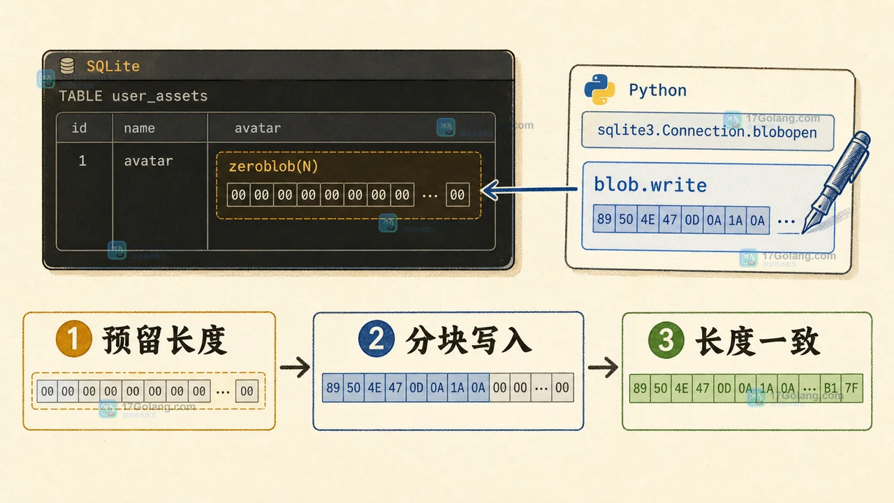Python sqlite3.Blob 怎么改大字段：blobopen、固定长度与事务边界