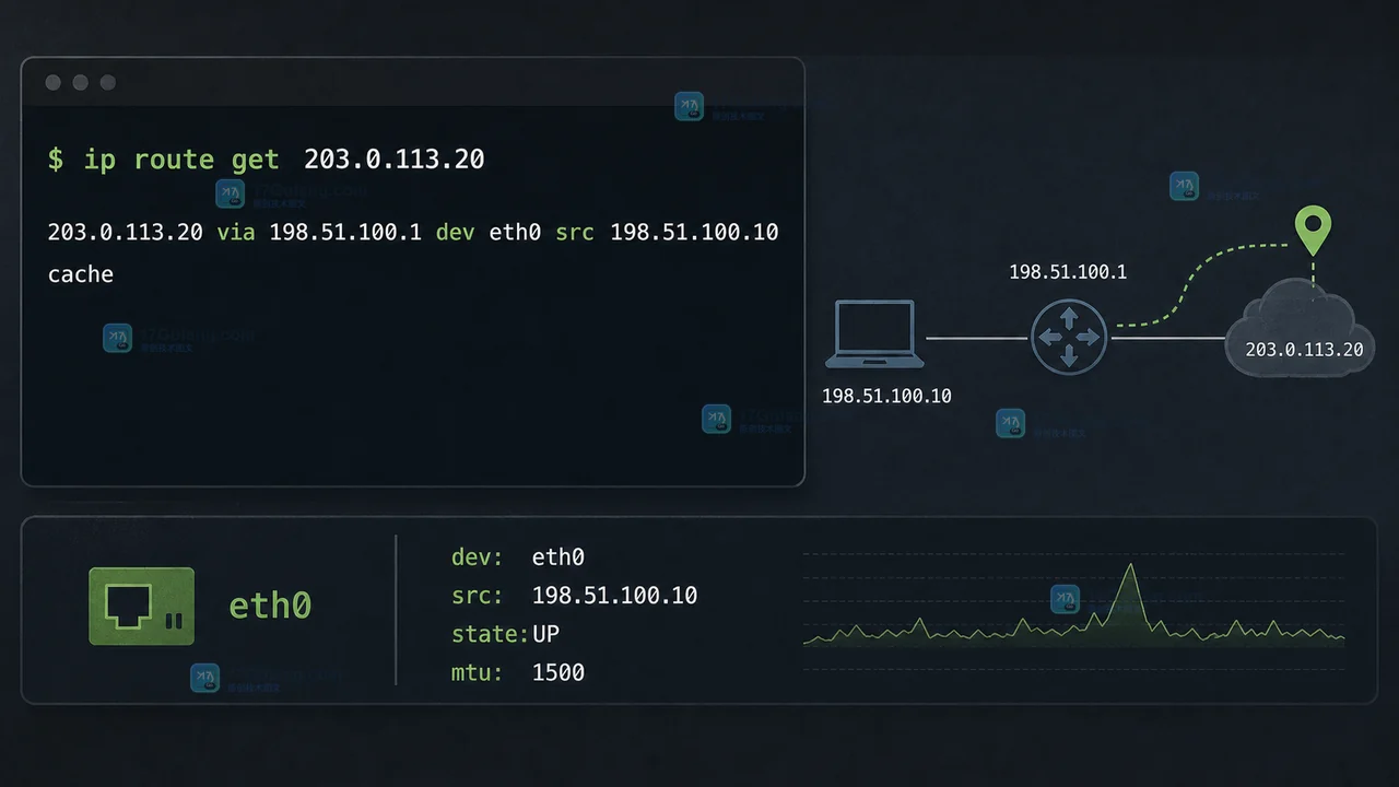 Linux 终端中对同一目标执行 ip route get,逐项核对 via、dev 和 src 字段的真实排障证据场景