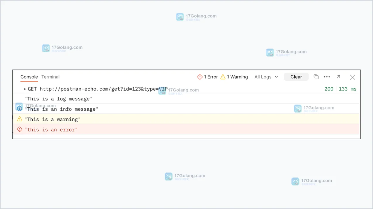 Postman Console 中核对实际请求 URL、请求头和响应状态的真实界面截图