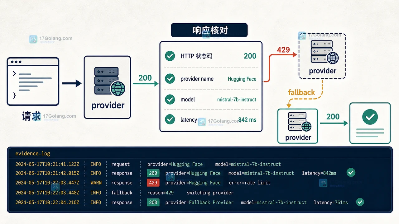 Hugging Face 推理请求经过路由、响应结构和指标检查后的成功与 fallback 对照