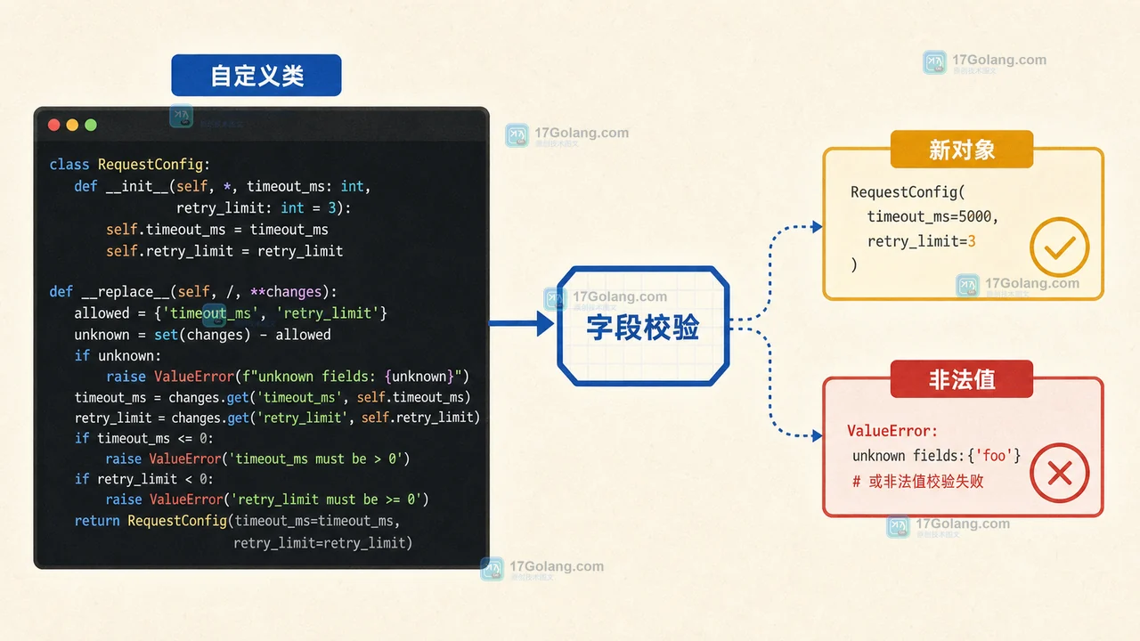 Python 自定义 __replace__ 在字段校验通过后生成新重试策略对象的控制台证据流程