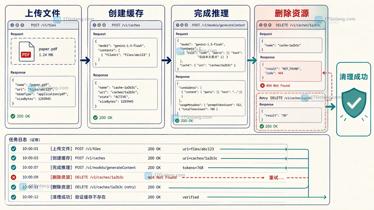 Gemini File API 与显式缓存的清理核对：创建资源、完成推理、删除资源、记录结果