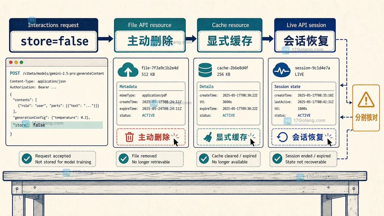 Gemini Developer API 四类数据资源的保留边界：Interaction、File API、缓存对象和 Live 会话