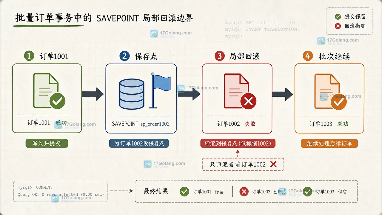 MySQL 批量订单事务中每条订单建立 SAVEPOINT,失败时回滚当前订单并保留外层批次事务