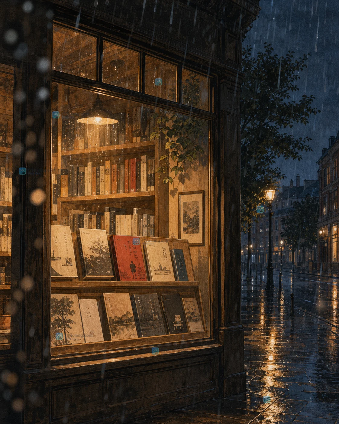 雨夜独立书店橱窗海报主视觉:暖光、雨痕与书脊构成三层空间