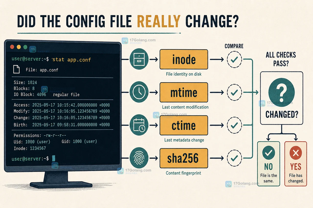 Linux stat 对照文件 mtime、ctime 与 inode 变化,判断配置是否被替换