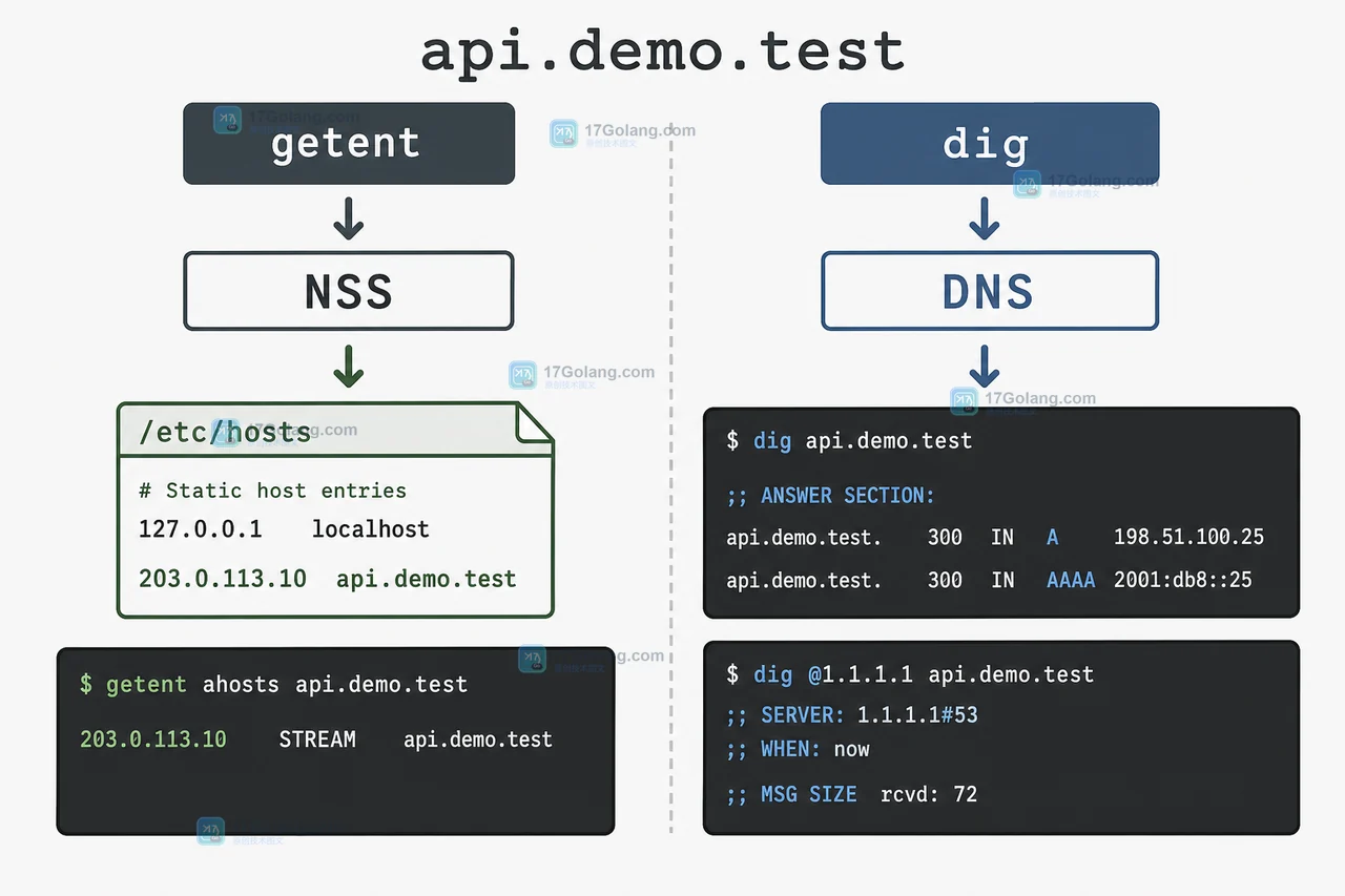 Linux getent hosts 与 dig 的解析证据对照:NSS 结果、A 记录和 AAAA 记录