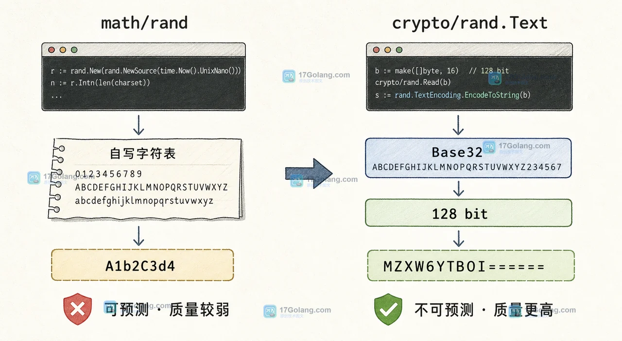 Go math/rand 自写邀请码与 crypto/rand.Text 安全随机字符串的前后对比