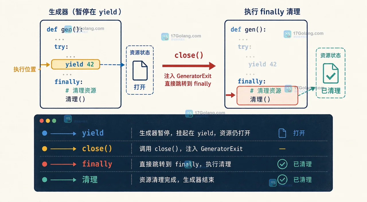 Python generator close 注入 GeneratorExit 后跳过下一次 yield 并进入 finally 清理的工程证据图