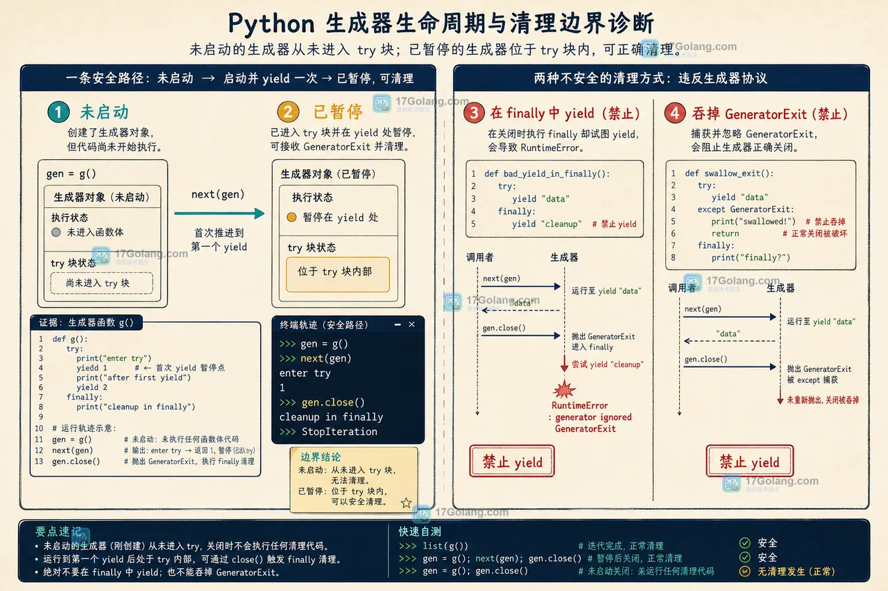 Python GeneratorExit 捕获后重新抛出并进入 finally 释放资源的边界检查图