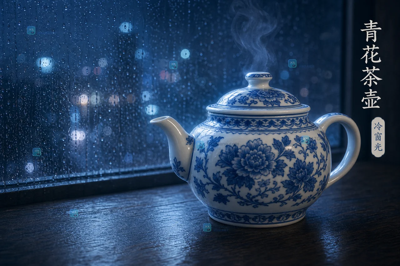 雨夜窗边青花瓷茶壶主成片,侧后方冷窗光勾勒壶嘴、壶盖和桌面倒影