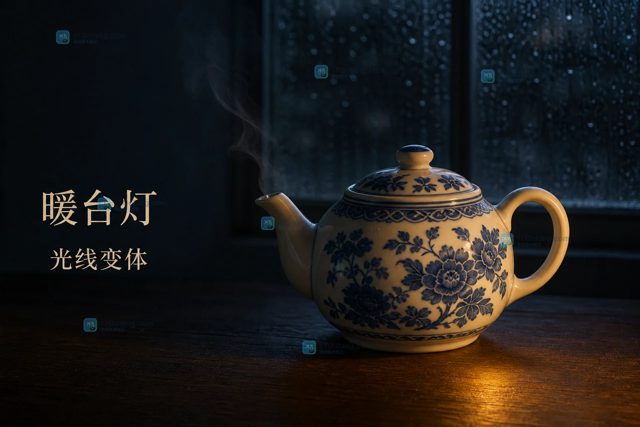 同一把青花瓷茶壶的暖台灯变体,主体和雨窗构图不变,仅替换主光源与桌面反射