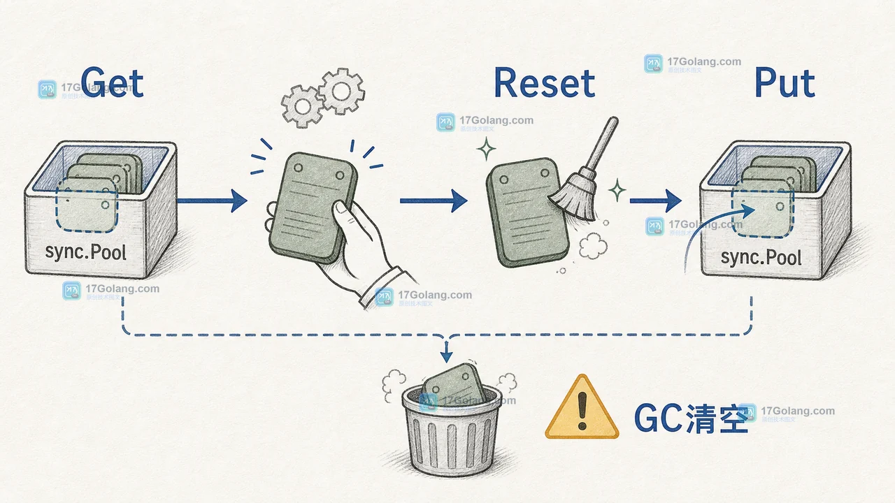Go sync.Pool 中的临时对象经历 Get、使用、Reset、Put,并可能在 GC 后被清空的工程证据图