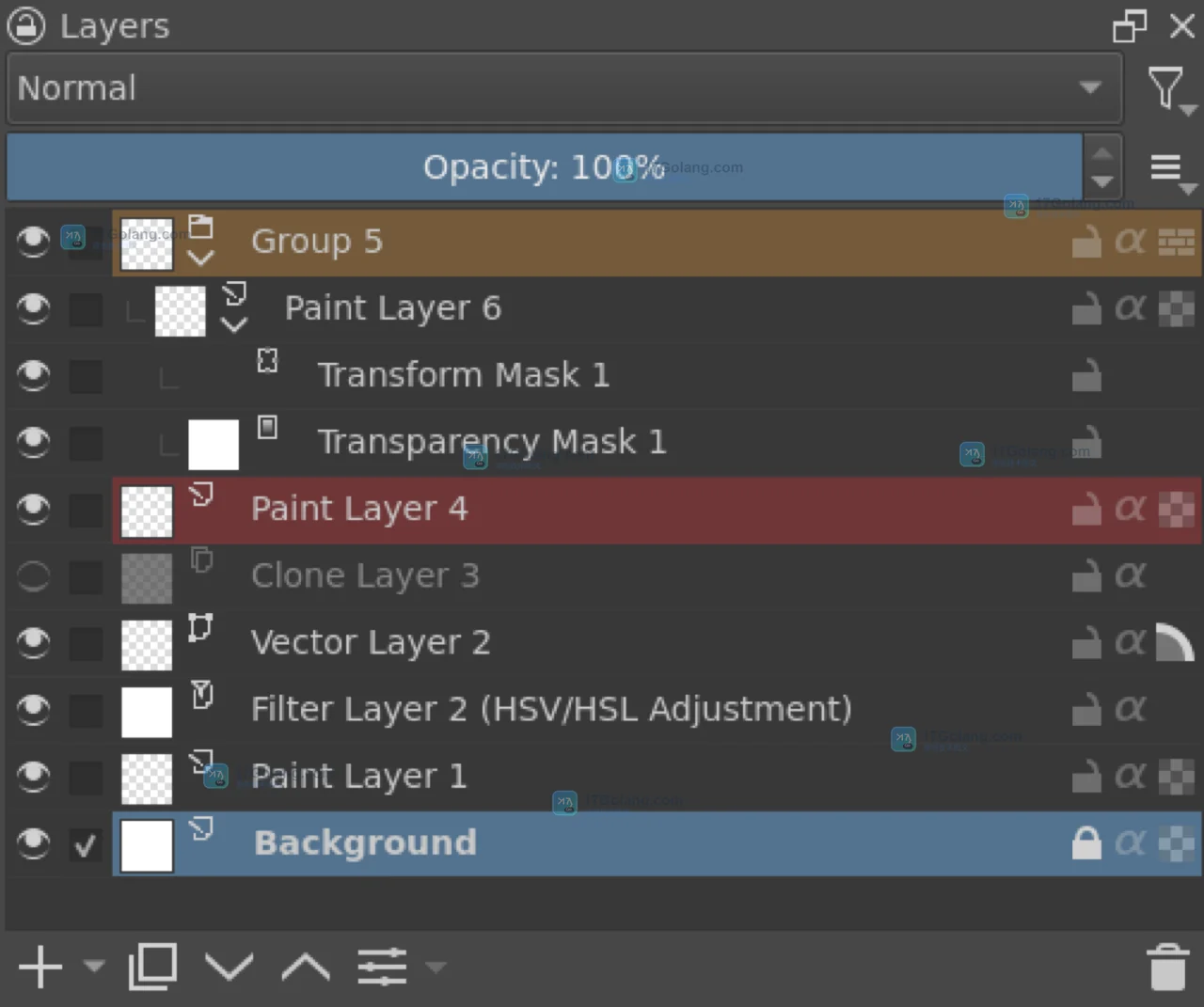 Krita Layers Docker 的控制区、图层堆栈与操作栏官方界面截图