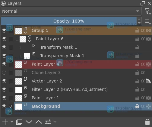 Krita Layers Docker 的控制区、图层堆栈与操作栏官方界面截图