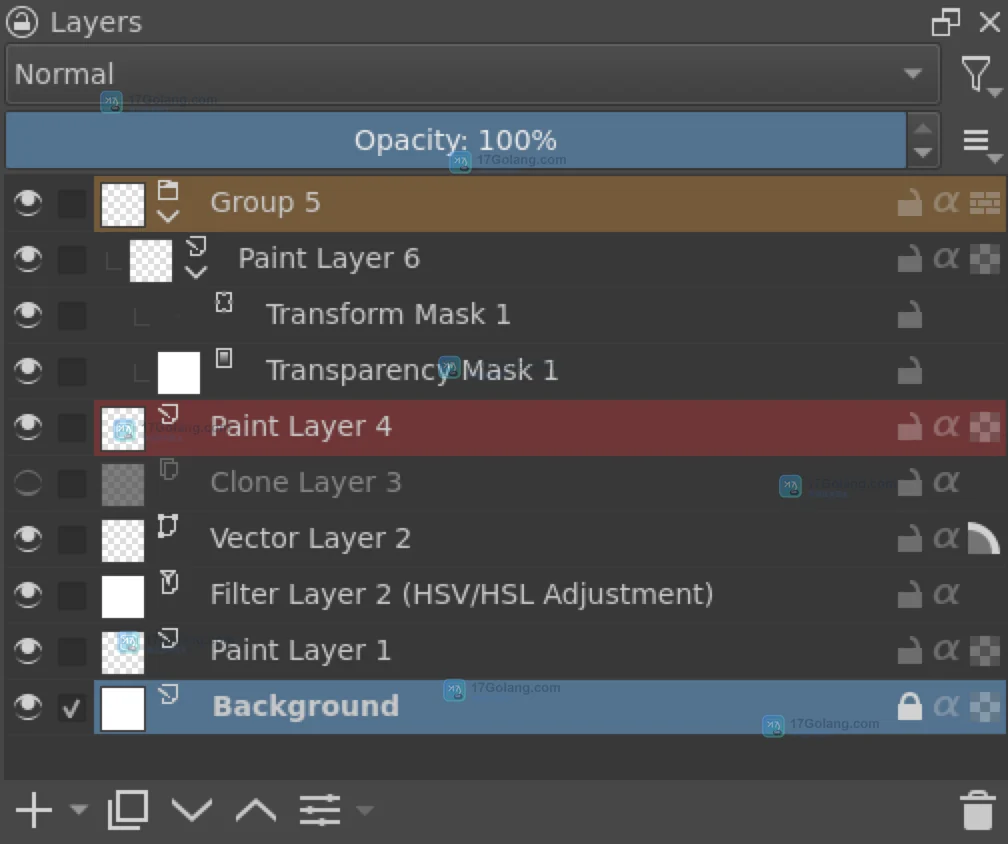 Krita Layers Docker 的控制区、图层堆栈与操作栏官方界面截图