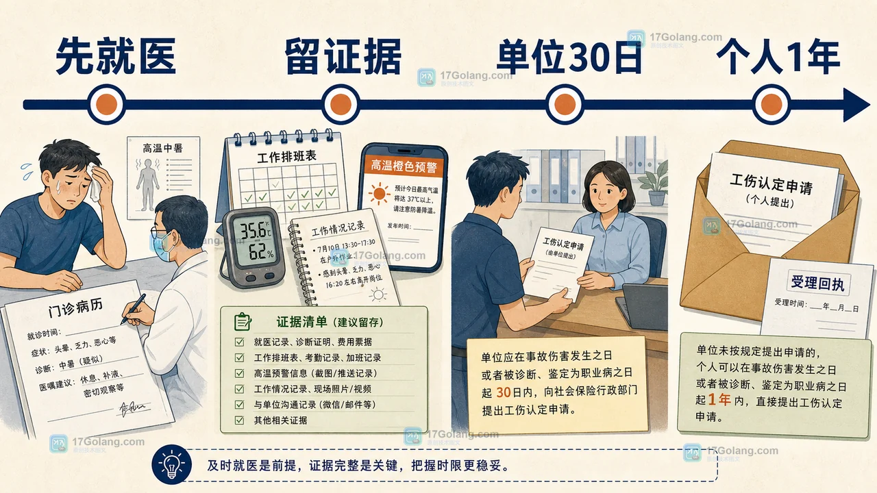 职业性中暑工伤申请材料顺序:先就医、留工作证据、确认30日和1年申请时限