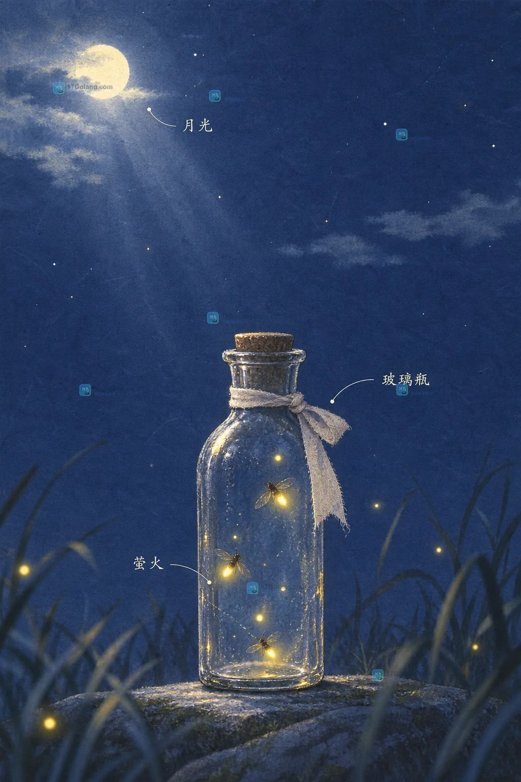 夏夜萤火玻璃瓶书签插画主成片:瓶内微光与上方月色留白