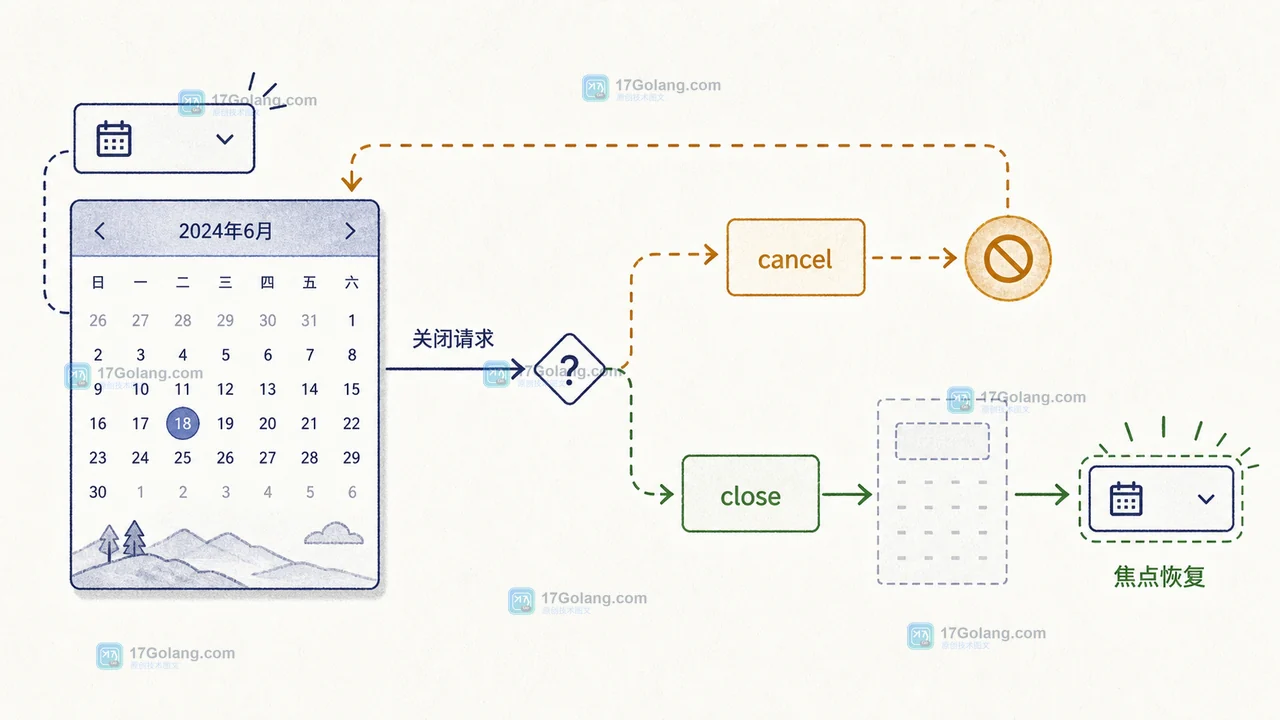 CloseWatcher 从关闭请求经过 cancel 判断、close 收尾到焦点恢复的关闭责任链示意图