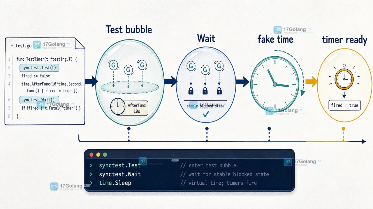 Go synctest bubble 中 fake time 推进并触发 timer 的分层路径示意图