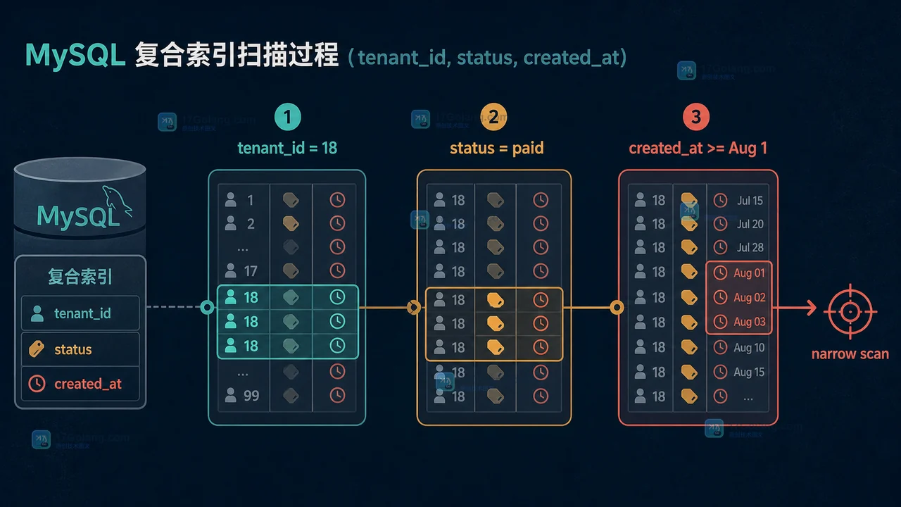 MySQL 组合索引从租户等值条件到状态再到创建时间范围的扫描时间线