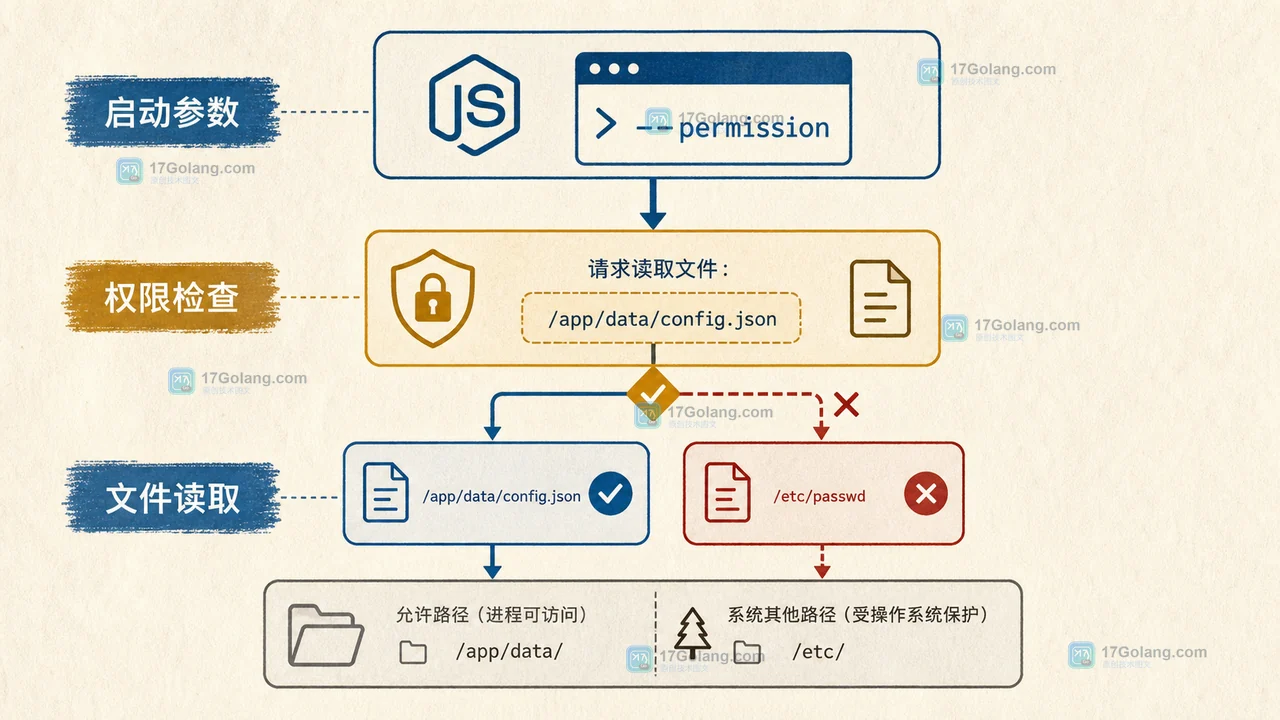 Node.js Permission Model 从启动参数到文件访问检查的分层路径示意图