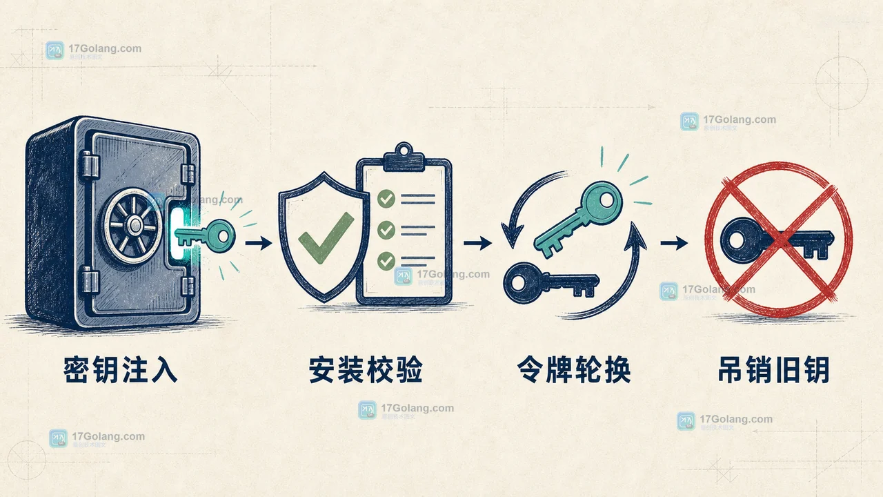 Composer CI 密钥注入、安装与轮换生命周期图