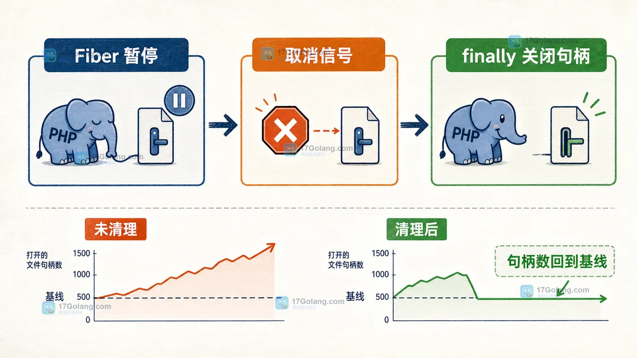 PHP Fiber 取消前后文件句柄数量与清理状态对比