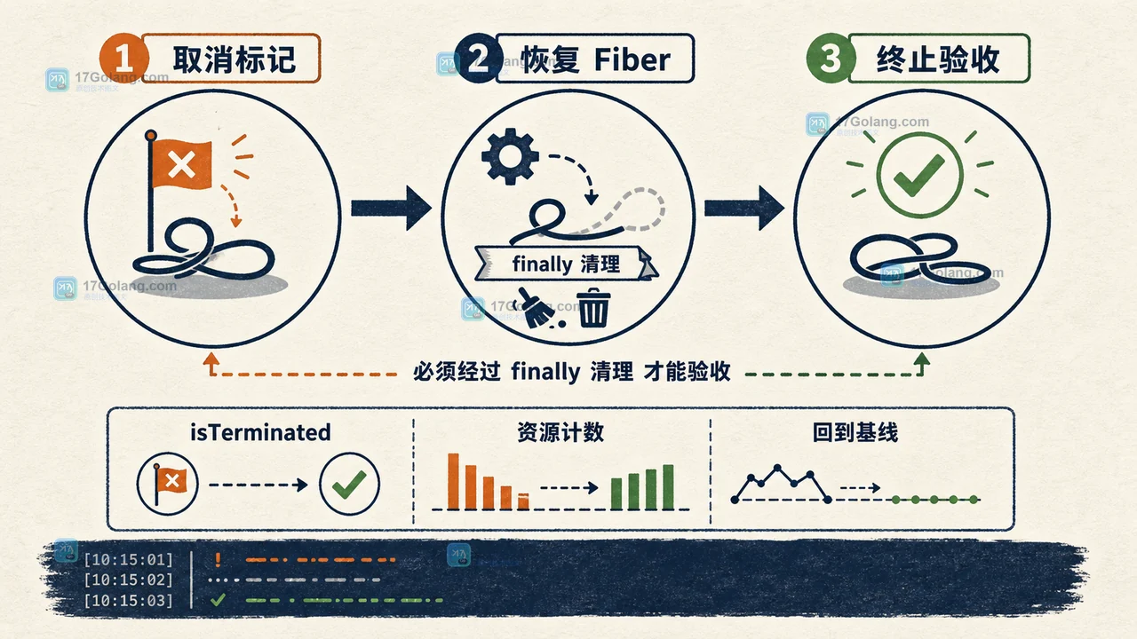 PHP Fiber 取消信号经过 finally 后的状态验收路径