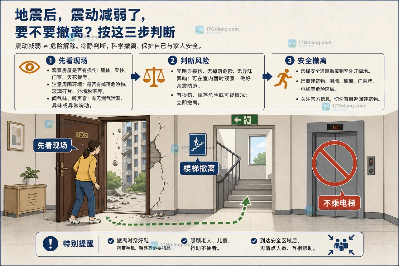 地震后根据现场安全判断撤离,使用楼梯并避开电梯和外墙
