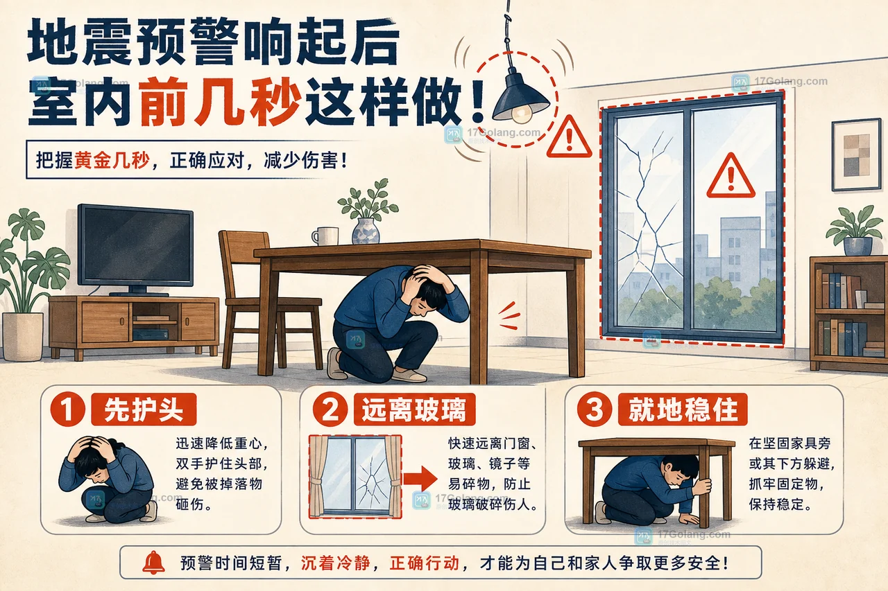 地震预警响起后先护头、远离玻璃并就地稳住的避险顺序