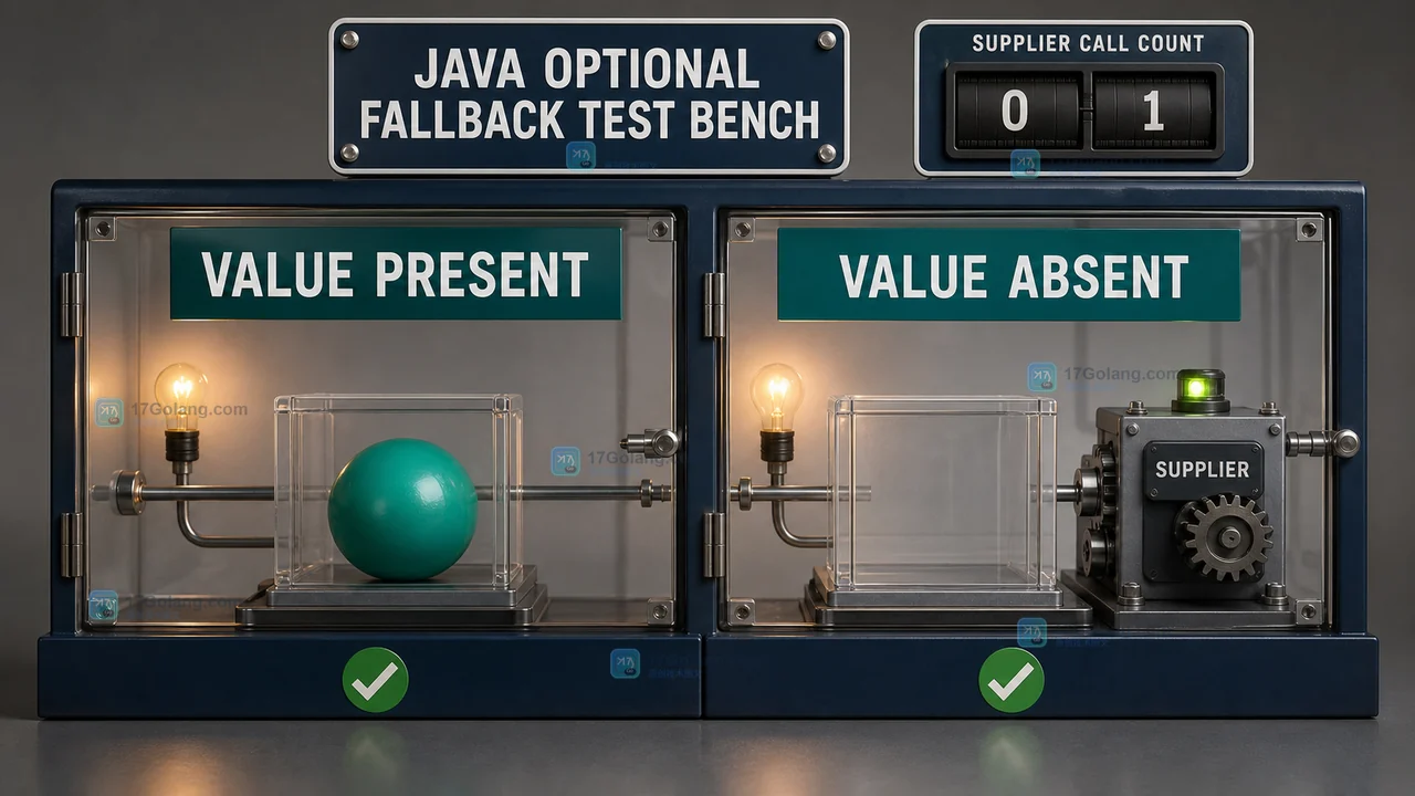 Java Optional 默认值加载与 Supplier 调用次数的验收证据插画